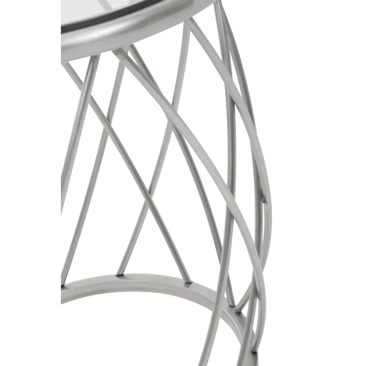 Close-up of metal side table base with crisscross pattern and glass top