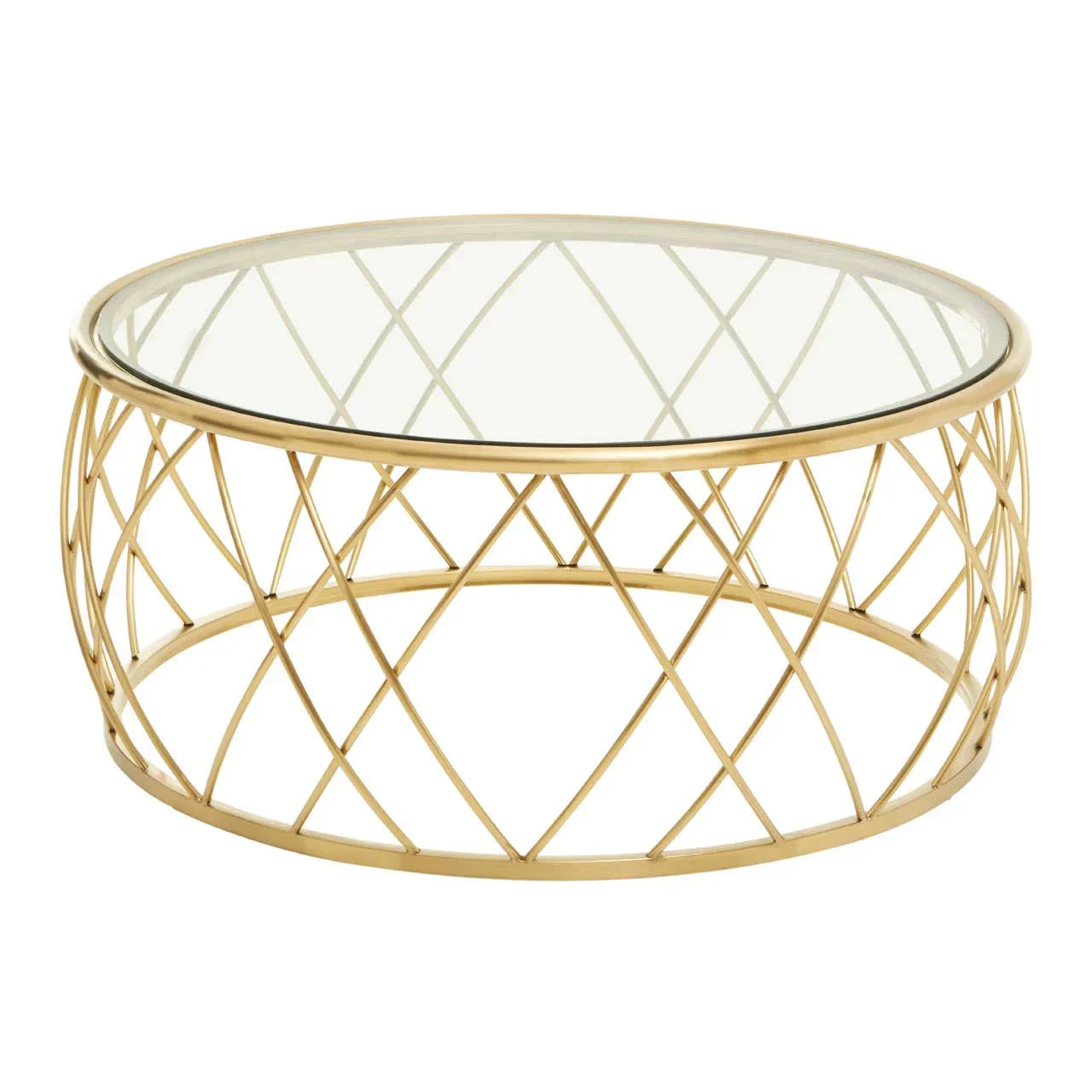 Round gold metal coffee table with glass top and lattice base