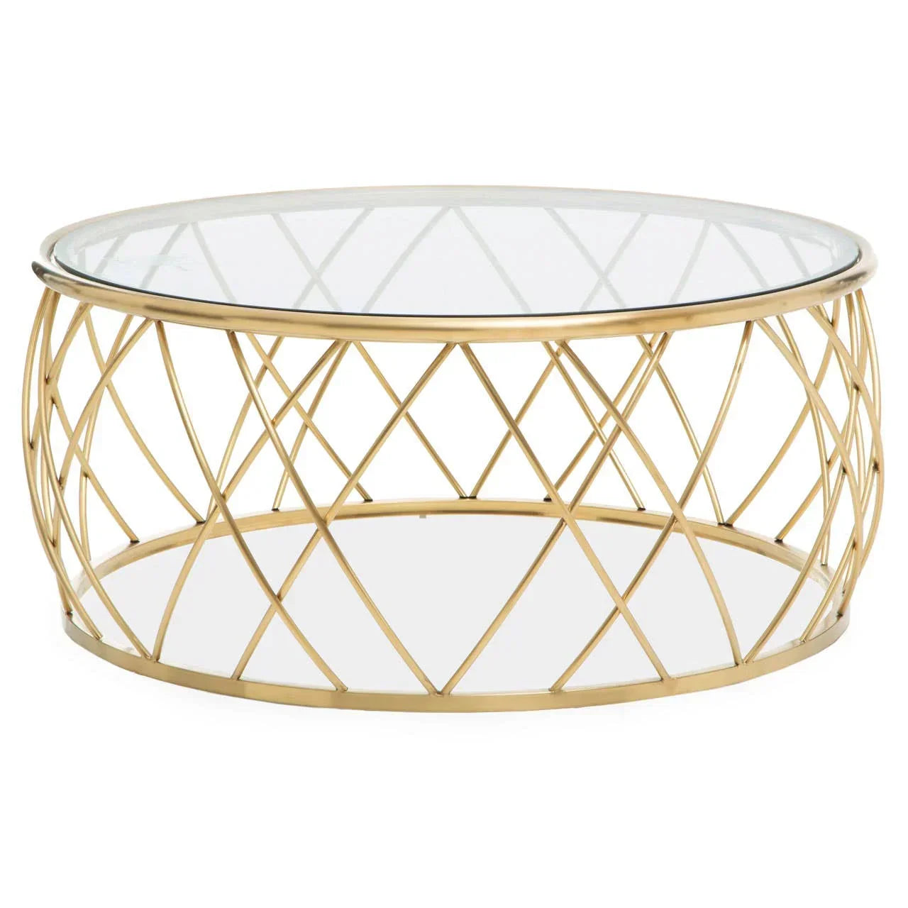 Round glass coffee table with gold metal lattice frame and clear top