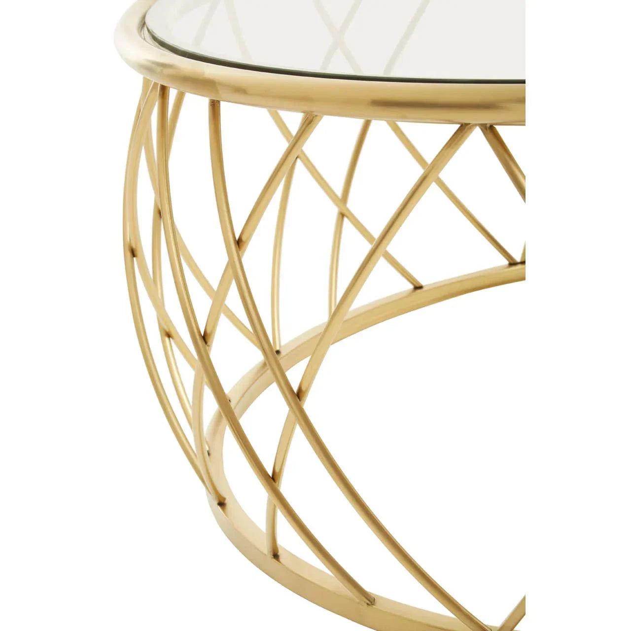 Gold metal coffee table with round glass top and crisscross base detail