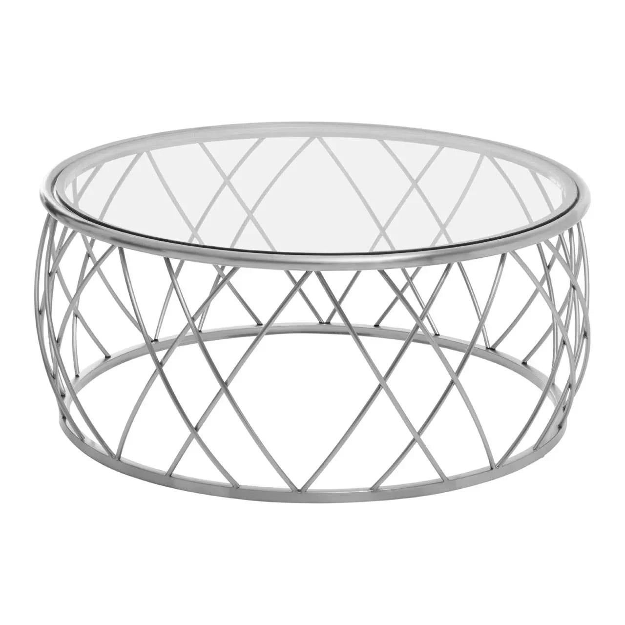 Round glass coffee table with silver metal lattice base