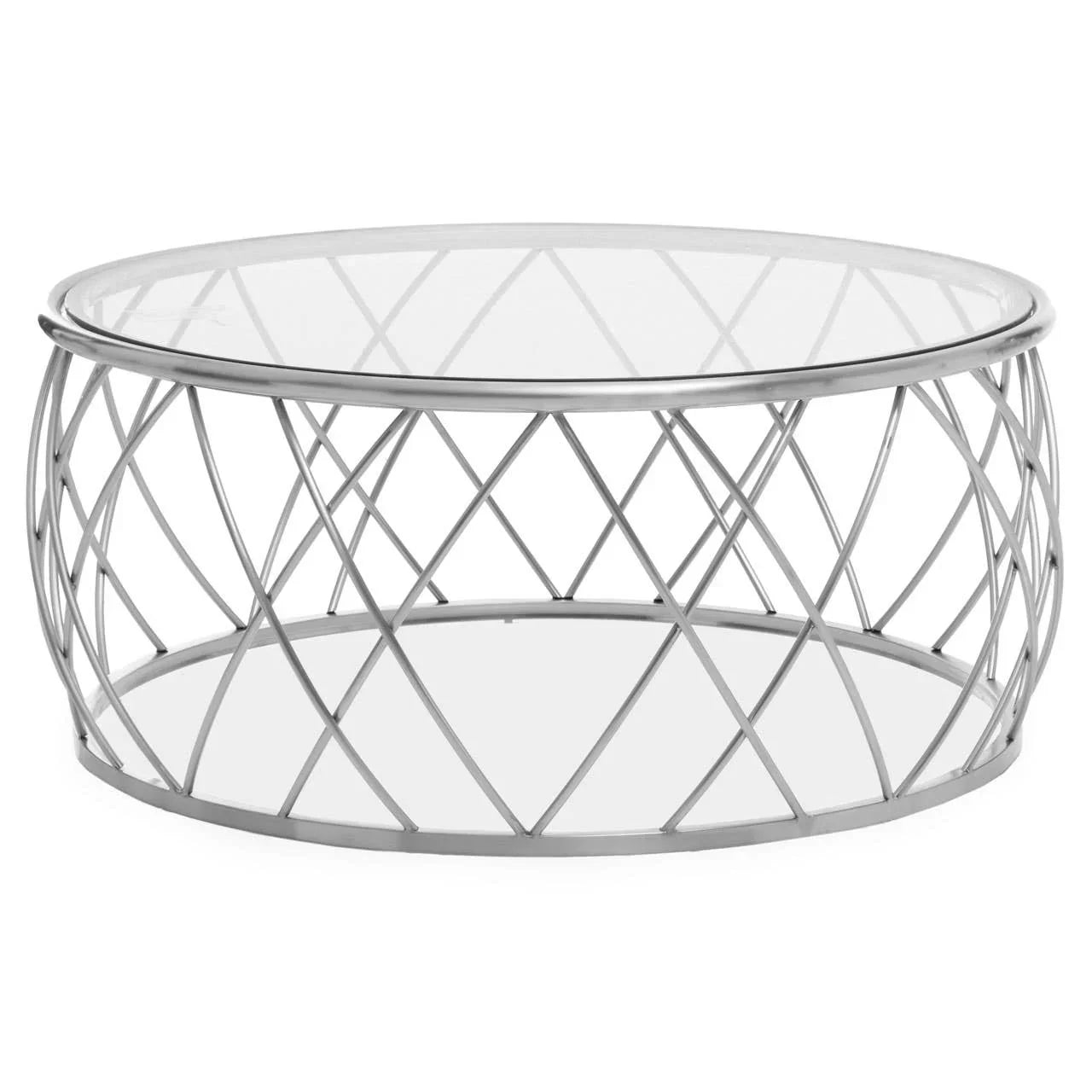 Round glass coffee table with silver metal lattice base