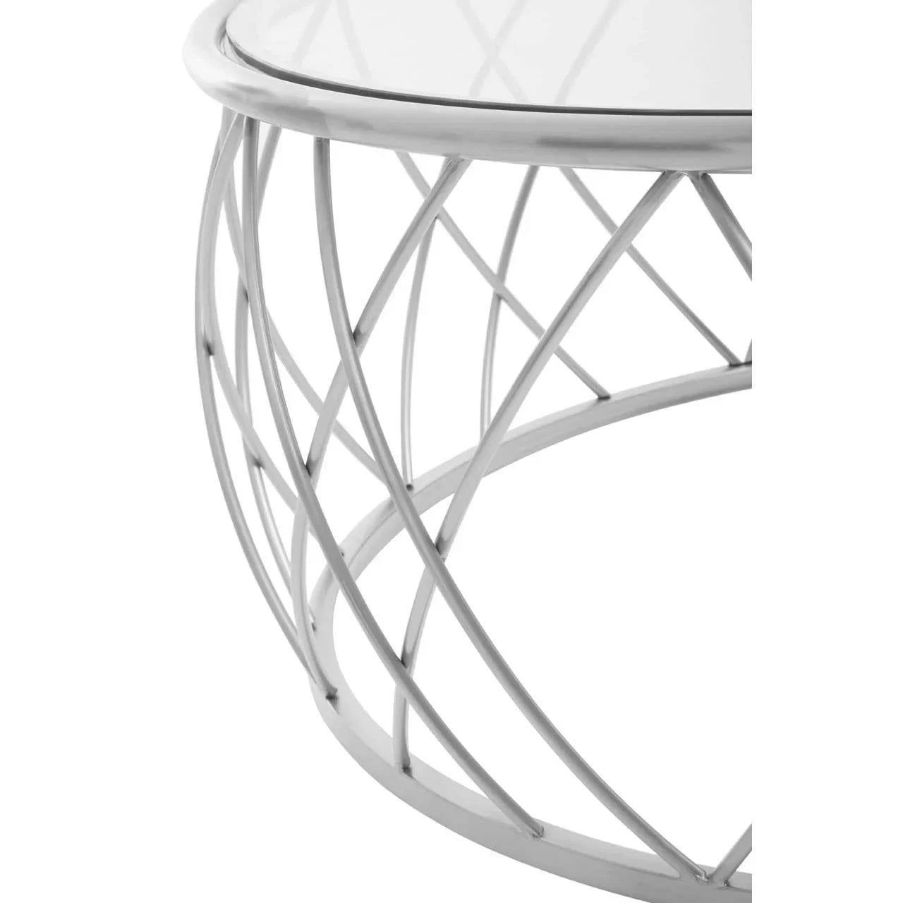 Round glass coffee table with silver metal geometric frame, close-up of base detail