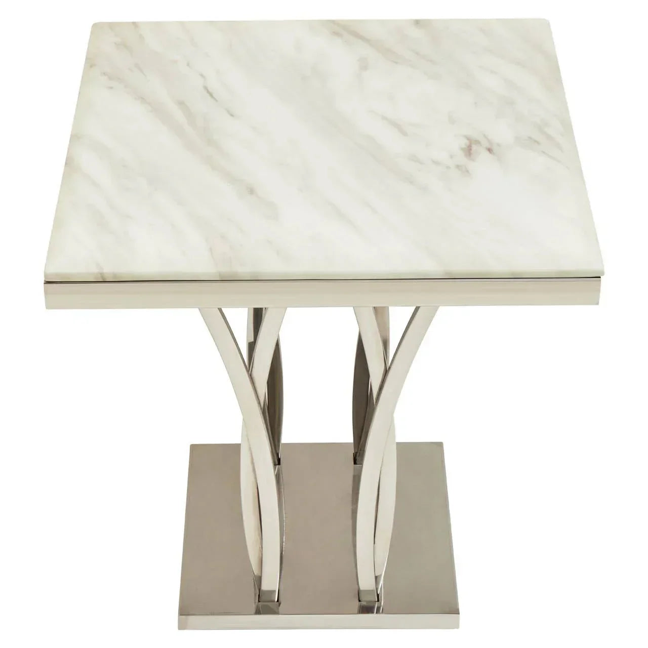 Square marble side table with chrome metal base and modern curved leg design