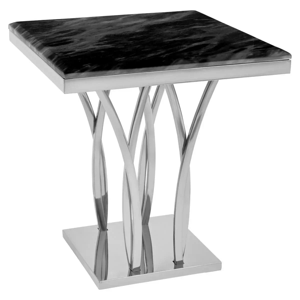 Square black marble side table with stainless steel base and curved legs
