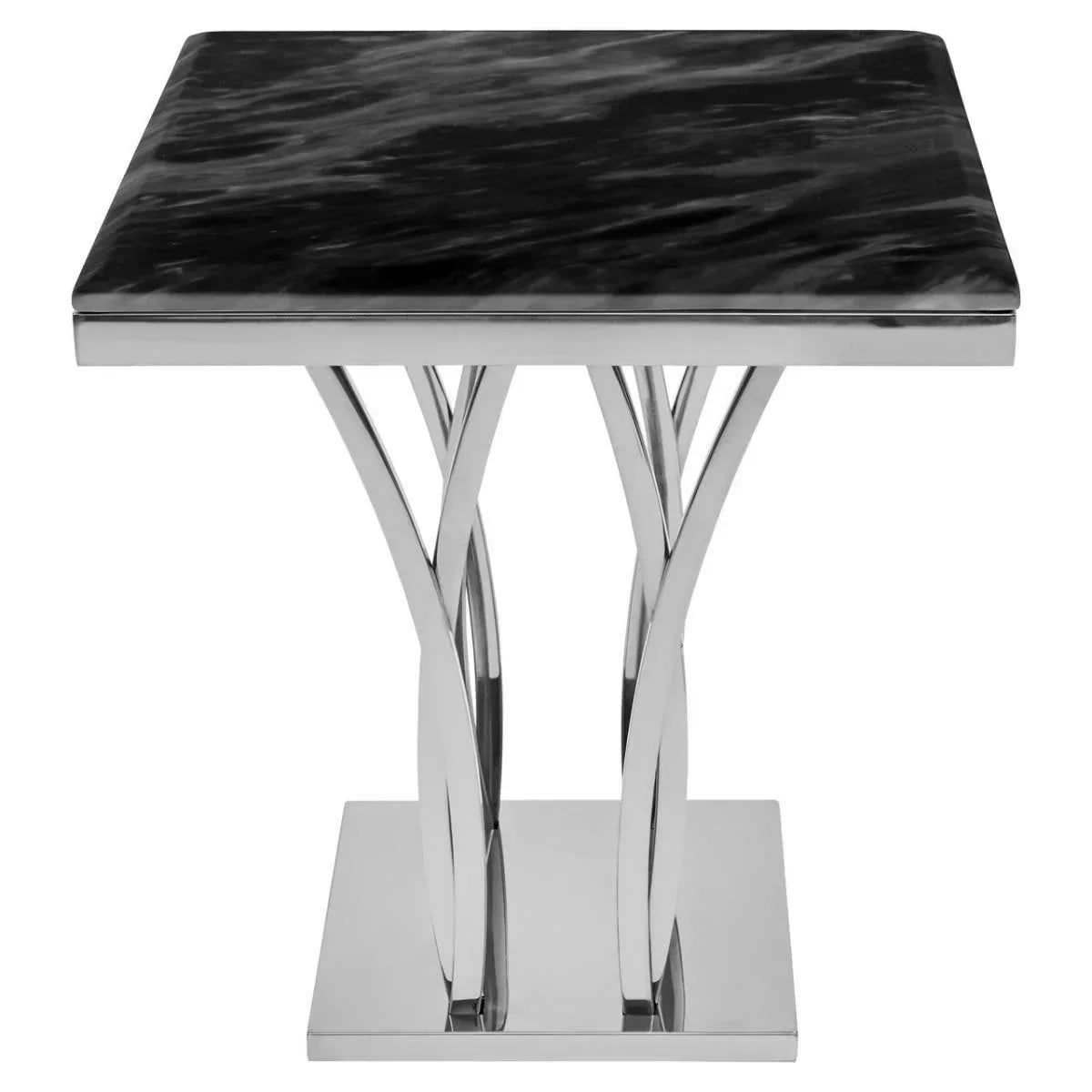 Square black marble top side table with chrome metal base in modern design