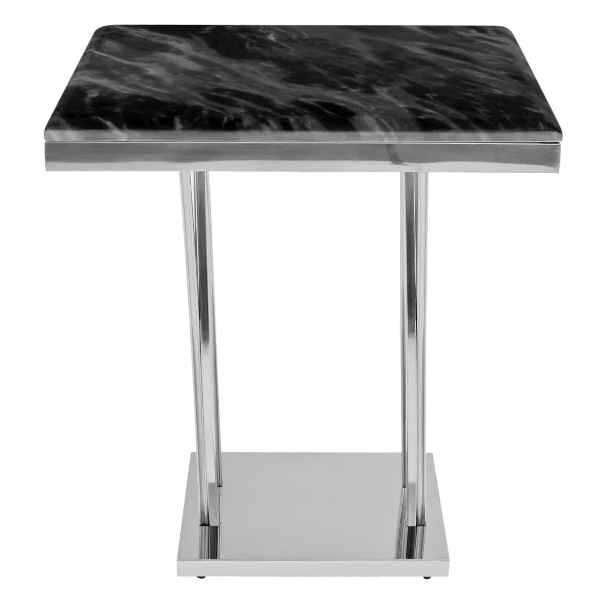 Square side table with black marble top and chrome metal legs, front view