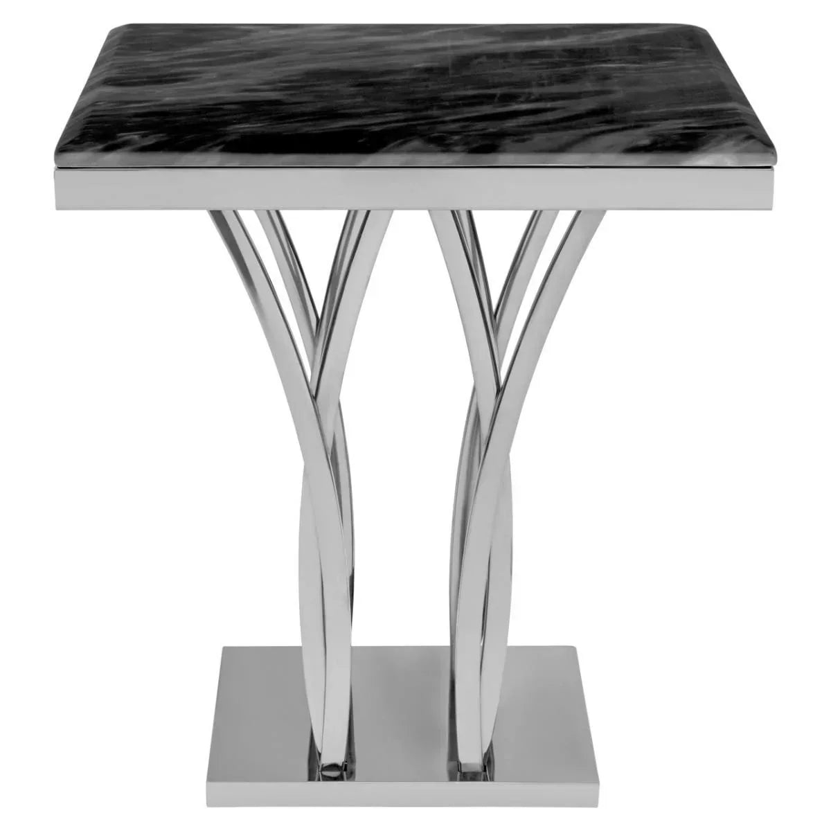 Square marble top side table with polished chrome base and modern sculpted legs