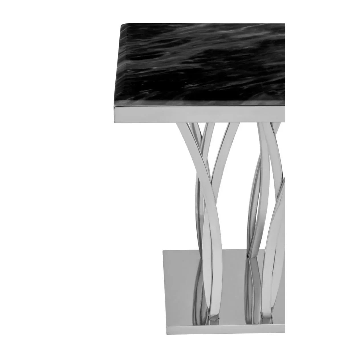 Square black marble side table with chrome twisted metal legs and mirrored base