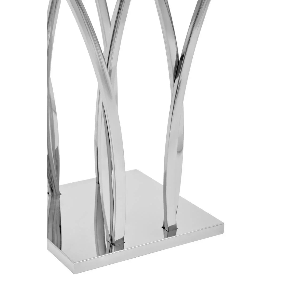 Chrome table base with curved metal legs on square platform