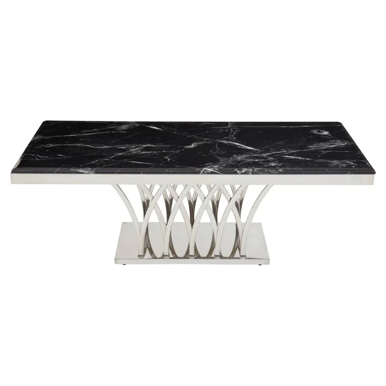 Rectangular black marble dining table with silver geometric metal base