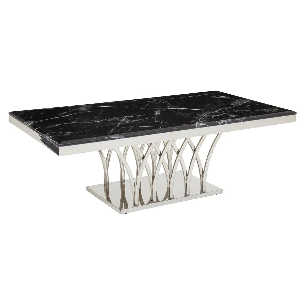 Rectangular black marble dining table with polished chrome sculptural base