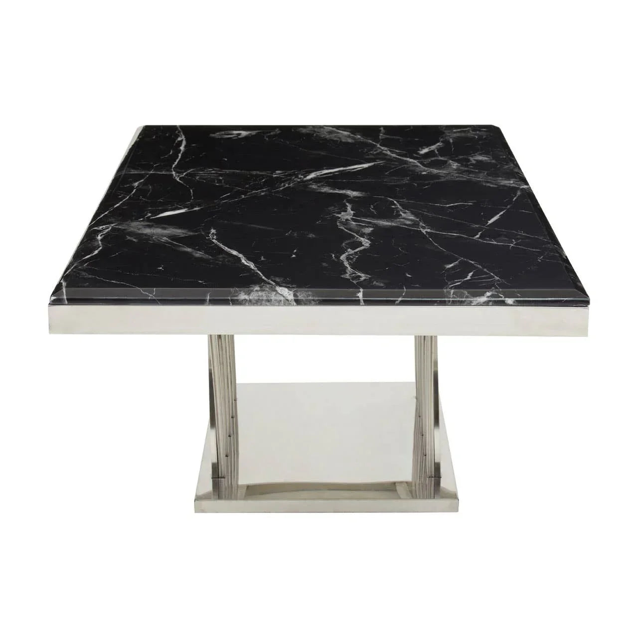 Square black marble dining table with chrome pedestal base, front view