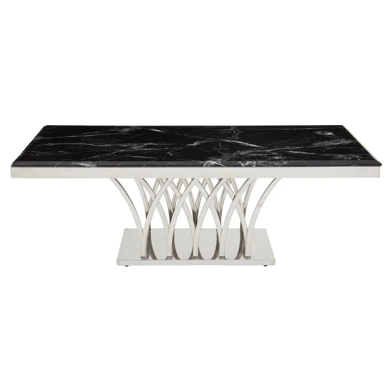 Rectangular black marble dining table with silver metal base and modern geometric design