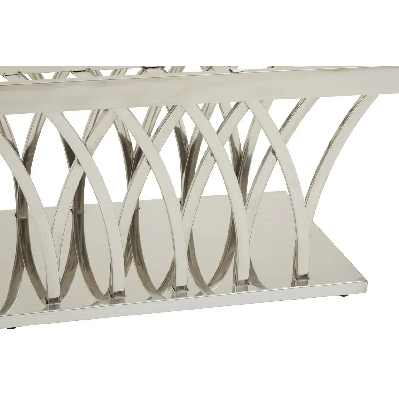 Chrome metal coffee table base with geometric curved pattern on rectangular platform