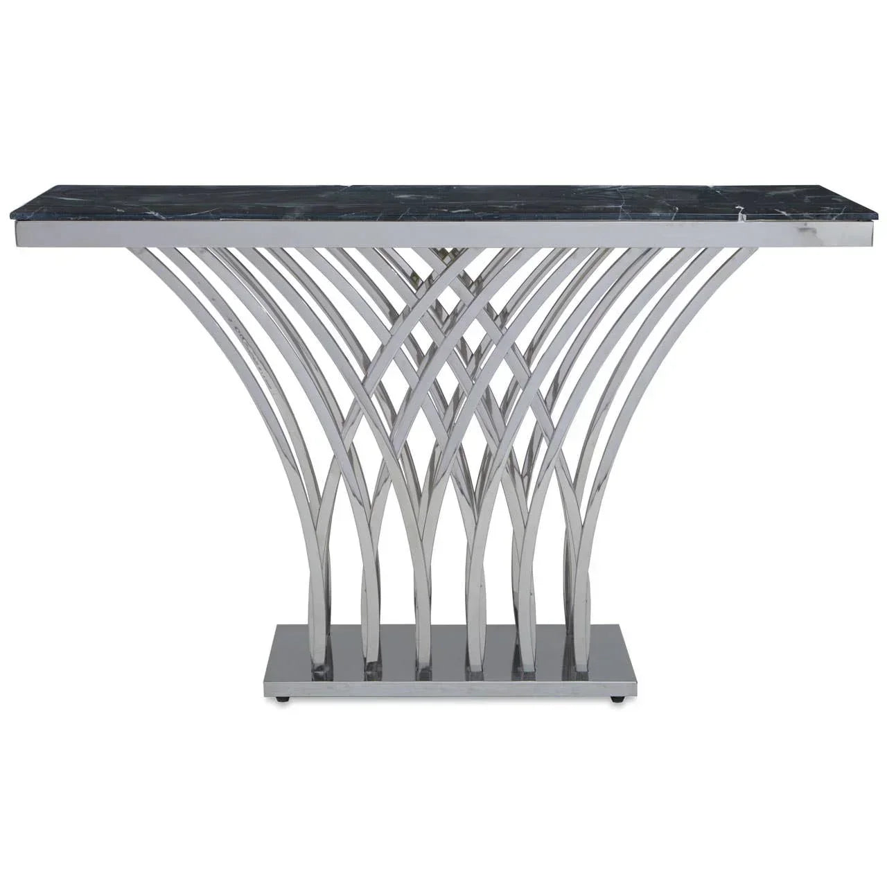 Black marble console table with curved chrome legs and rectangular top