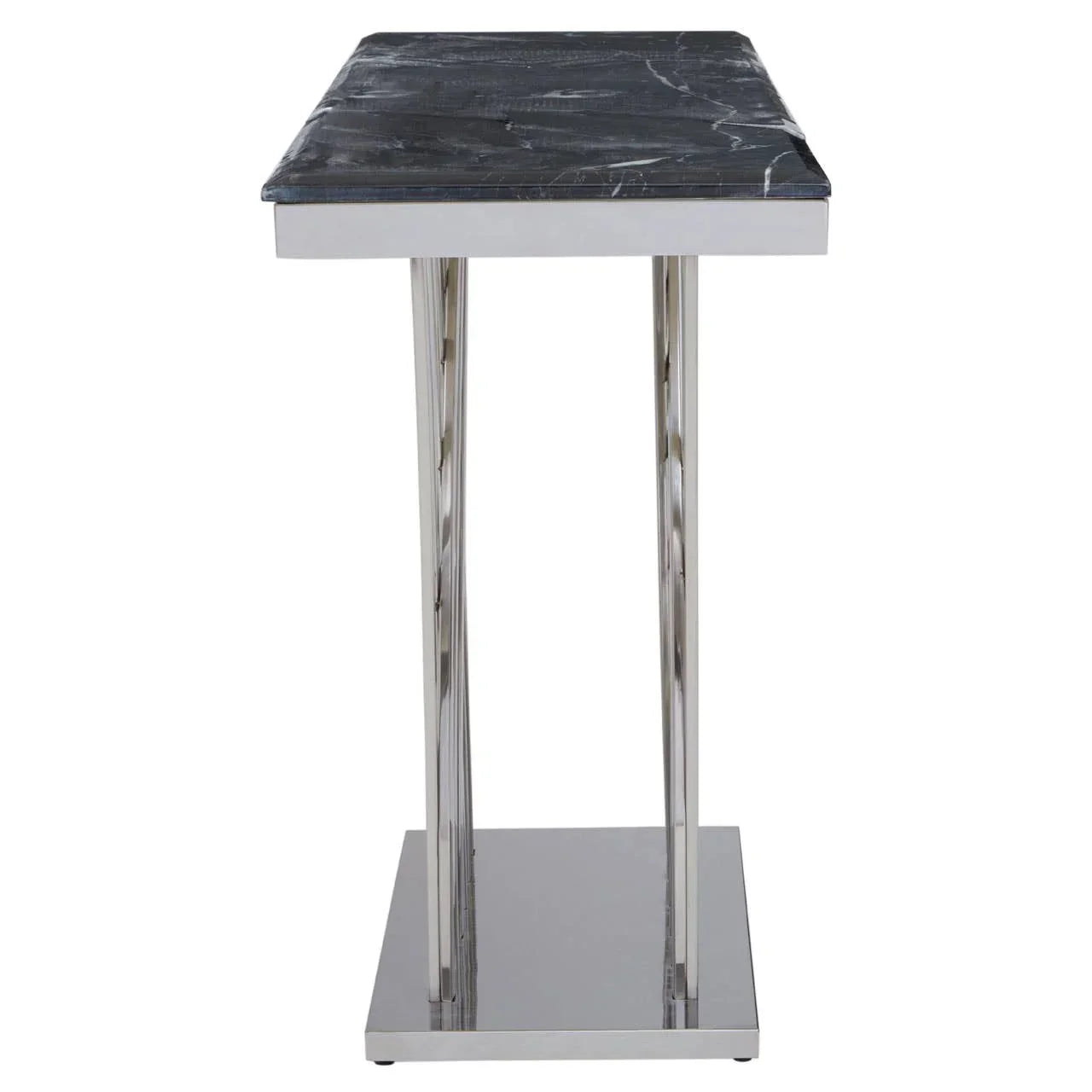Slim console table with black marble top and chrome metal frame, side profile view
