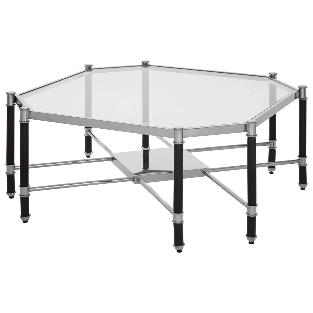 Hexagonal glass coffee table with chrome frame and black legs, modern living room furniture