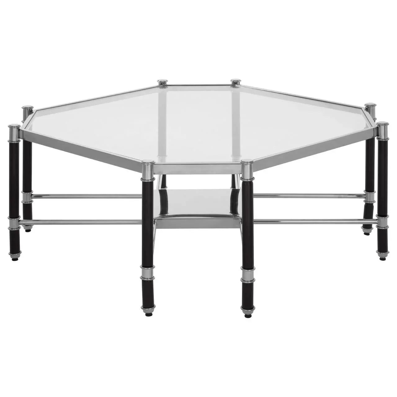 Hexagonal glass coffee table with chrome frame and black legs, modern living room furniture