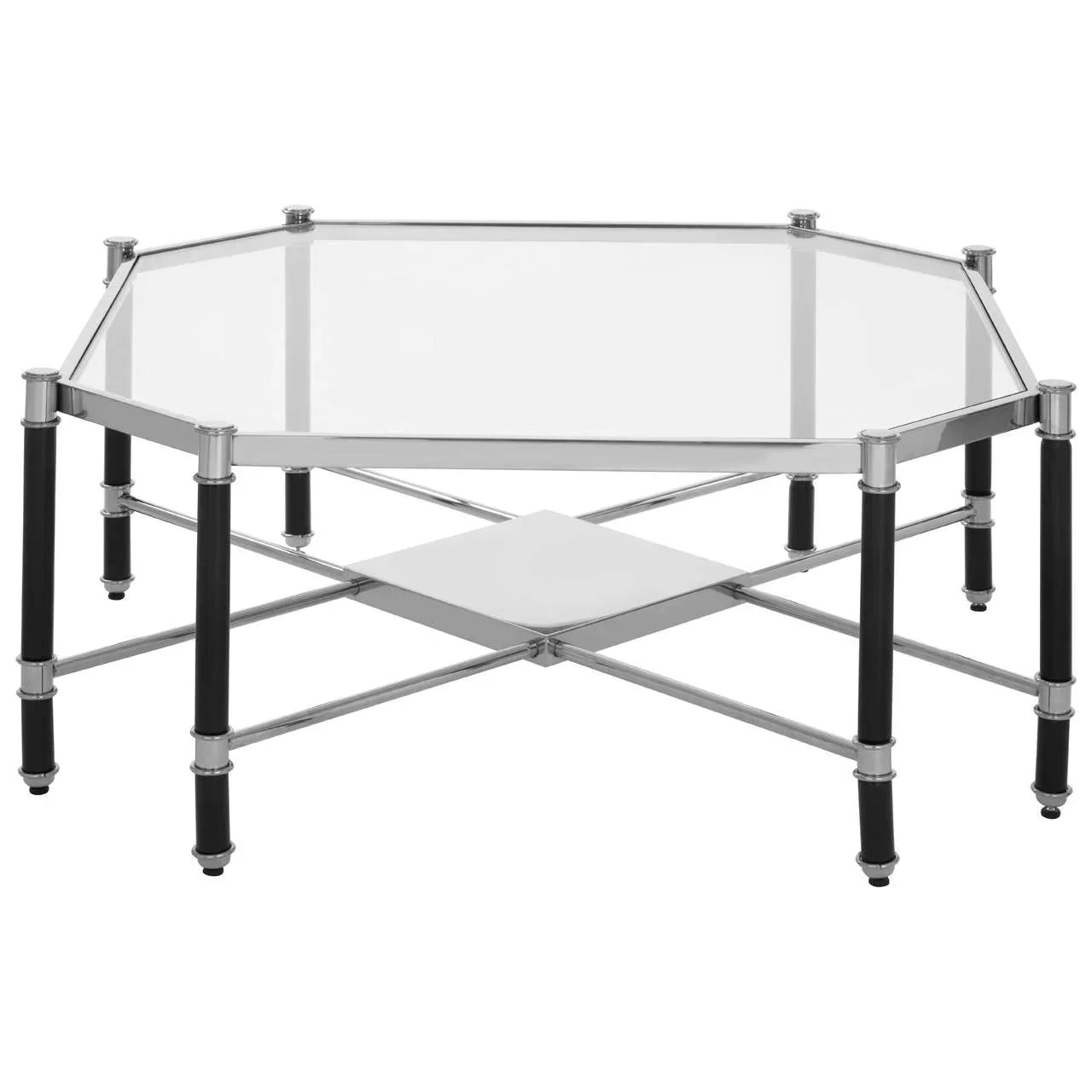 Glass coffee table with octagonal chrome frame and black legs, modern living room design