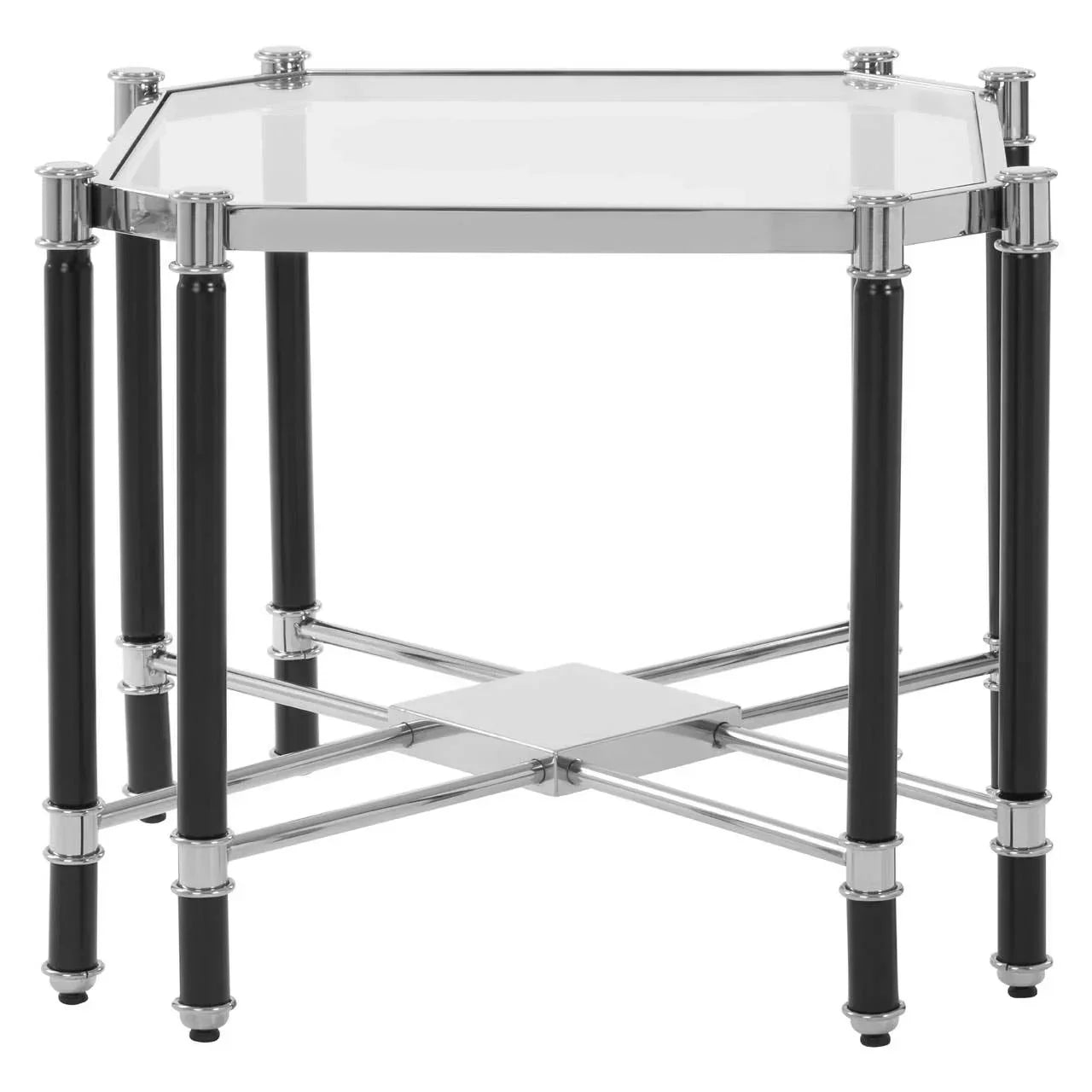 Glass top side table with chrome frame and black legs, angled view