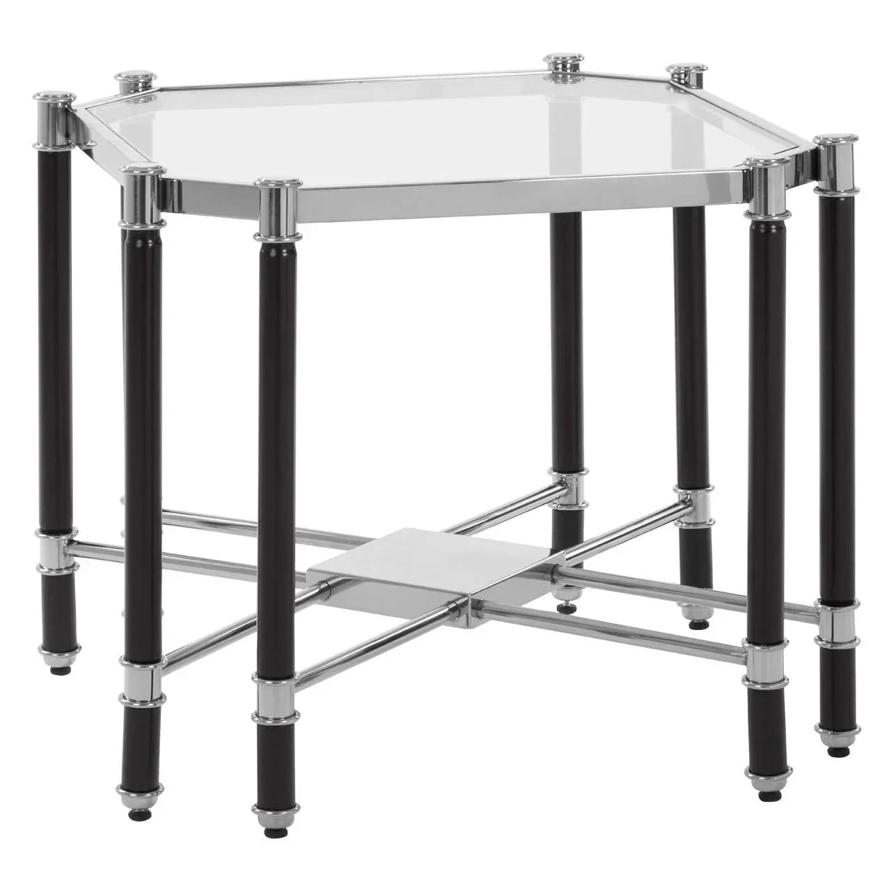 Glass top side table with black metal legs and chrome cross bar detailing