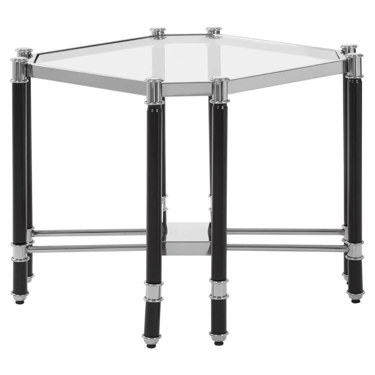 Hexagonal glass side table with chrome frame and black legs