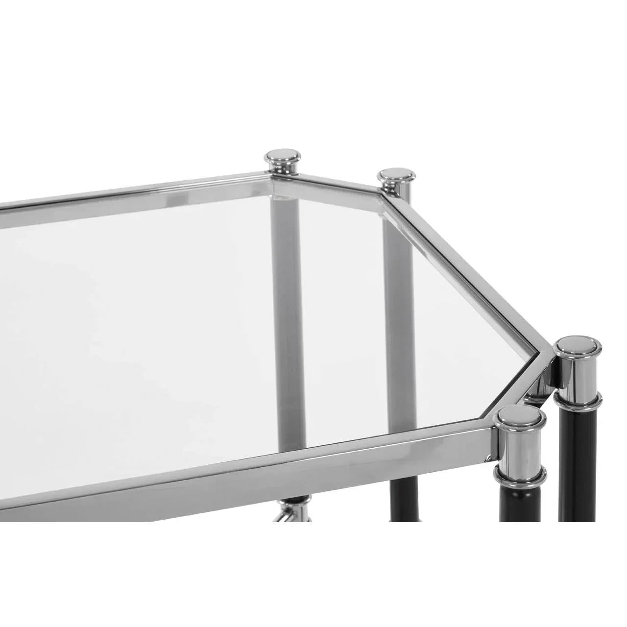 Glass top side table with chrome metal frame and modern geometric shape