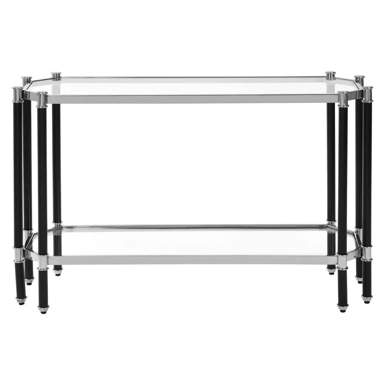Glass console table with chrome frame and black legs, two-tier modern hallway furniture