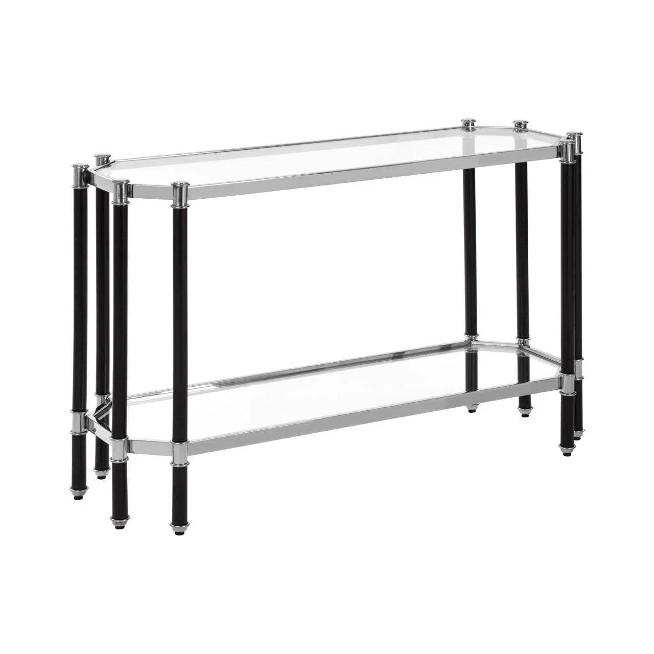 Glass console table with chrome frame and black legs, two shelves, angled side view