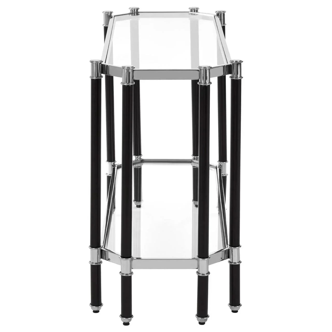 Glass console table with black legs and chrome frame, two-tier design, front angle view