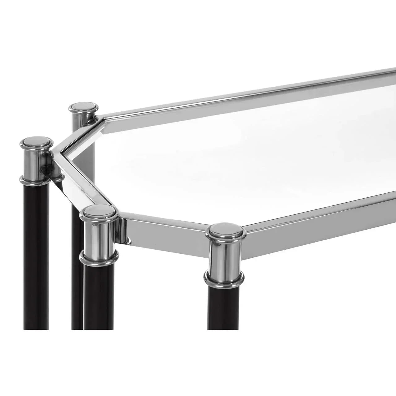 Glass side table with chrome frame and black legs, close angle of tabletop and corners