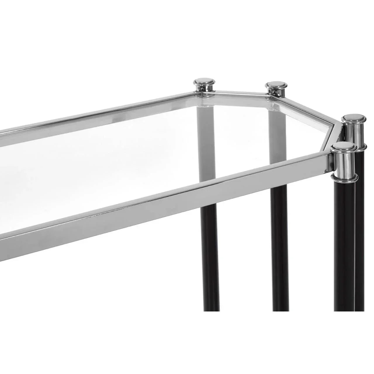 Glass console table with chrome frame and black legs, close-up of corner details