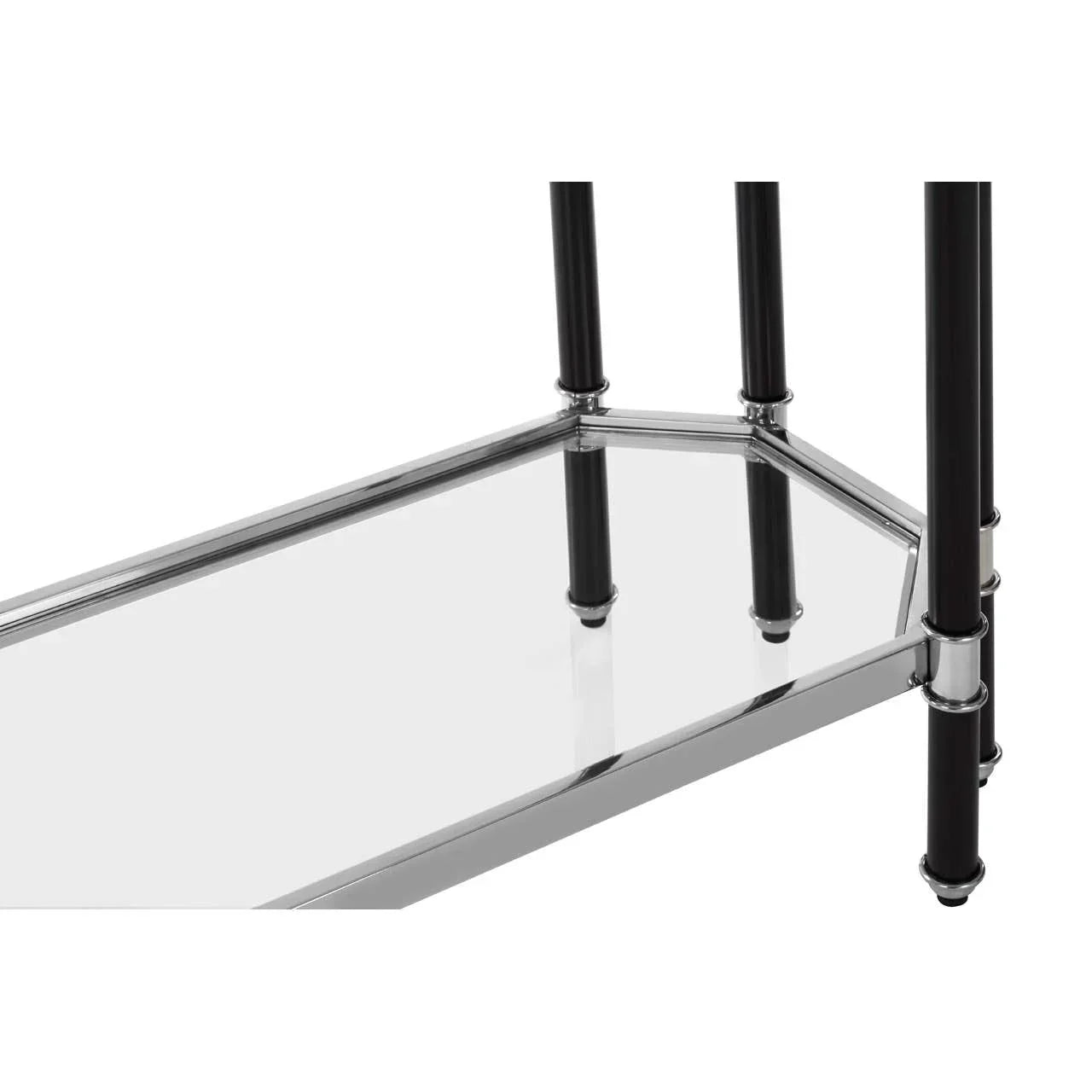 Chrome and glass table lower shelf with black legs, angled view highlighting frame detail