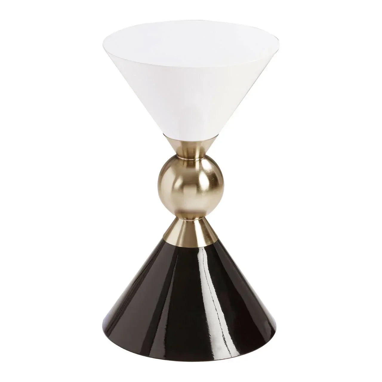 Modern accent table with black base, gold sphere center, and white cone top