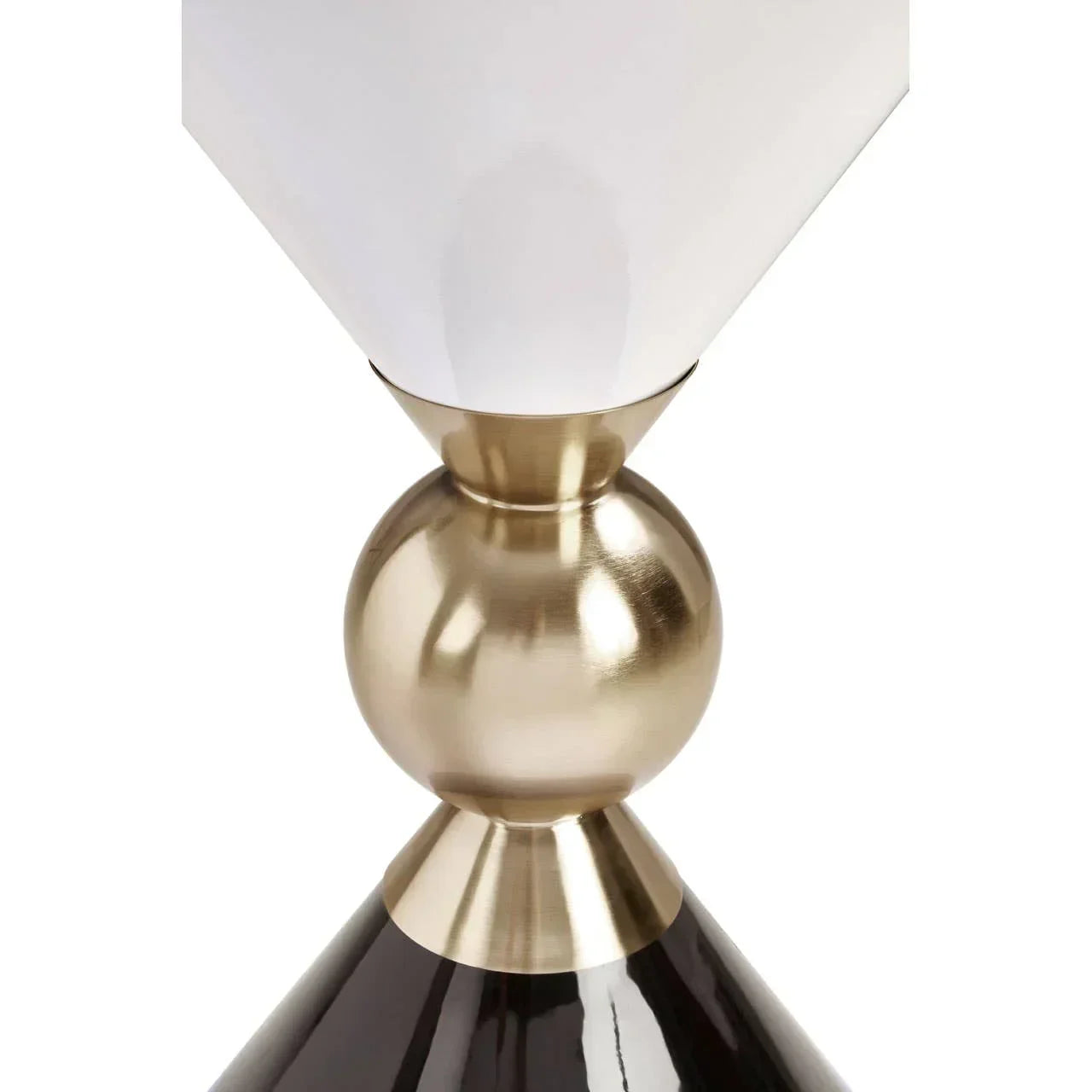 Modern table lamp with gold metal sphere base, white shade and black accent bottom