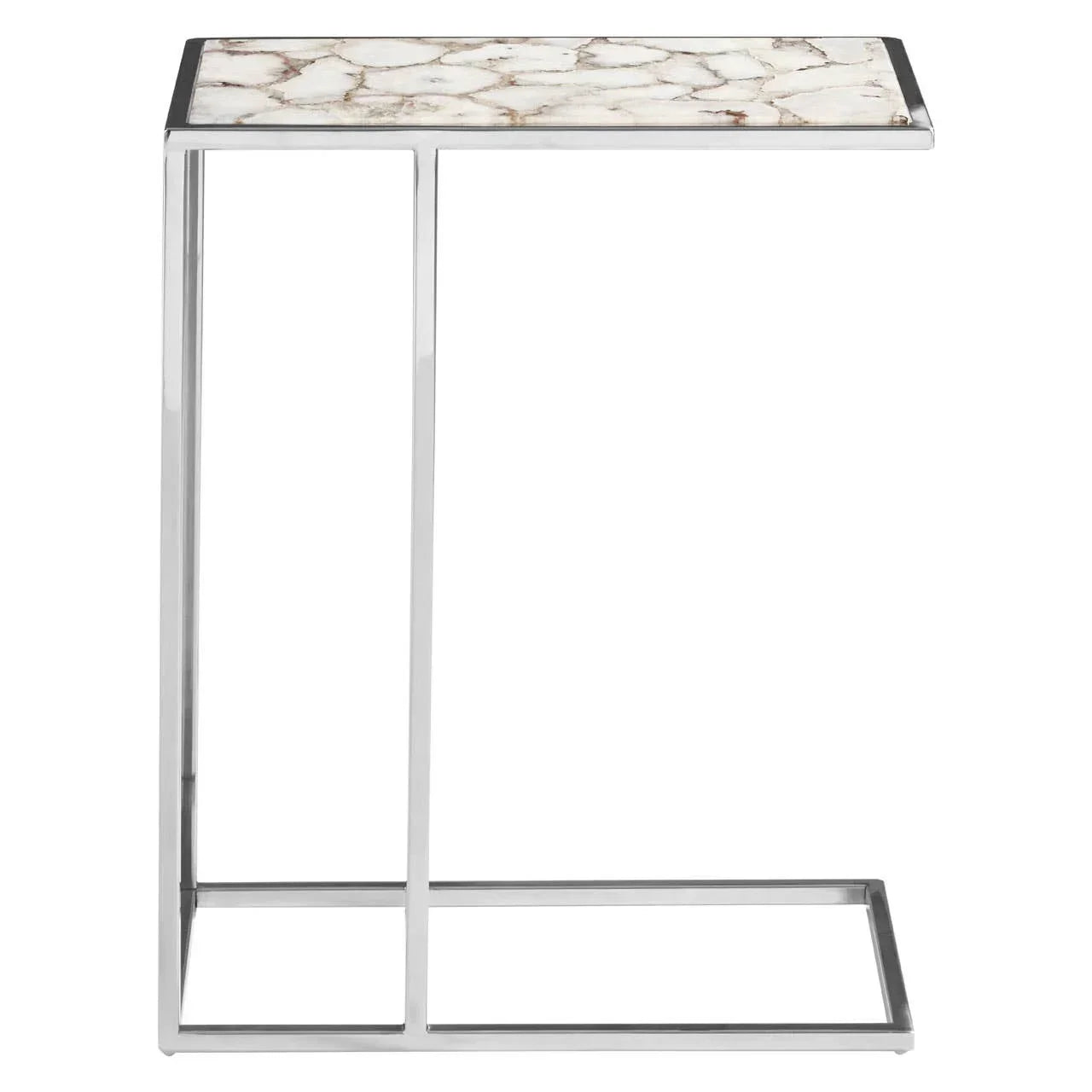 Marble top side table with chrome metal frame, modern C-shaped design, shown from side view