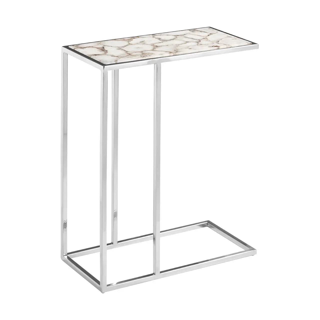 Slim marble top side table with chrome metal frame, modern C-shape design