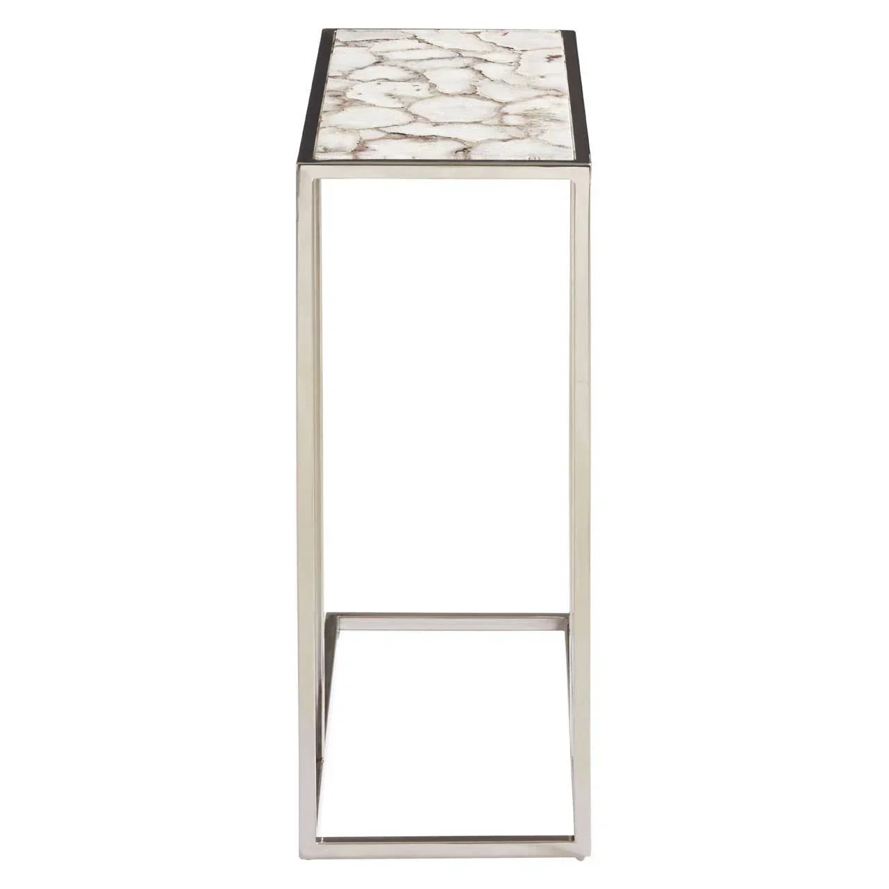 Narrow console table with marble top and chrome metal frame, side angle view