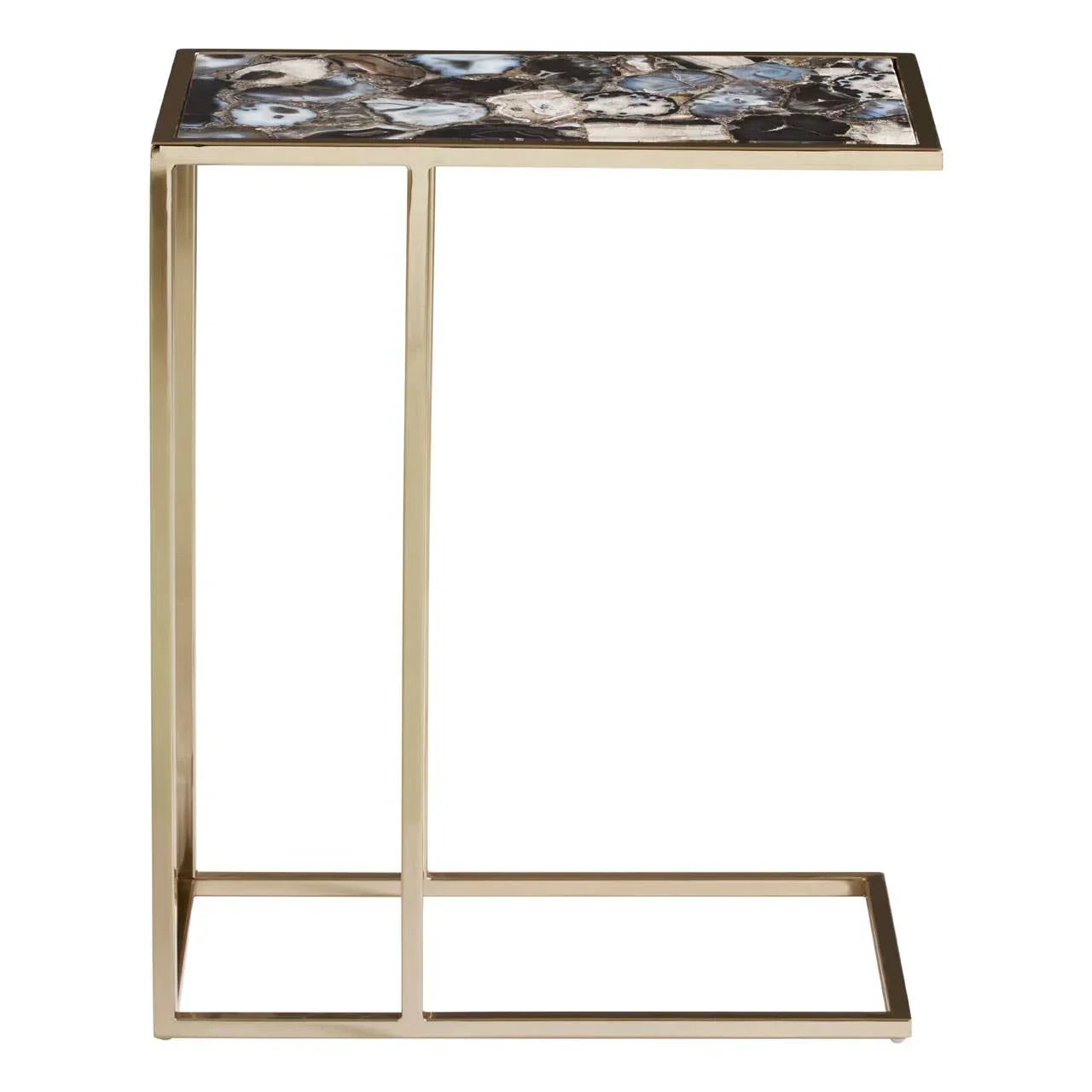 Gold metal side table with polished gemstone top and modern open frame design