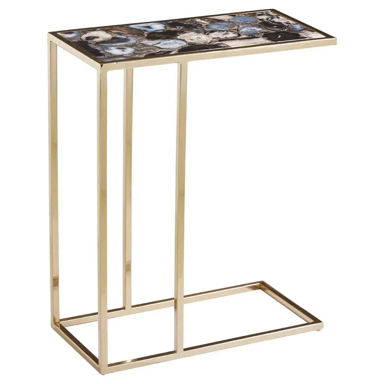 modern side table with gold metal frame and gemstone patterned top