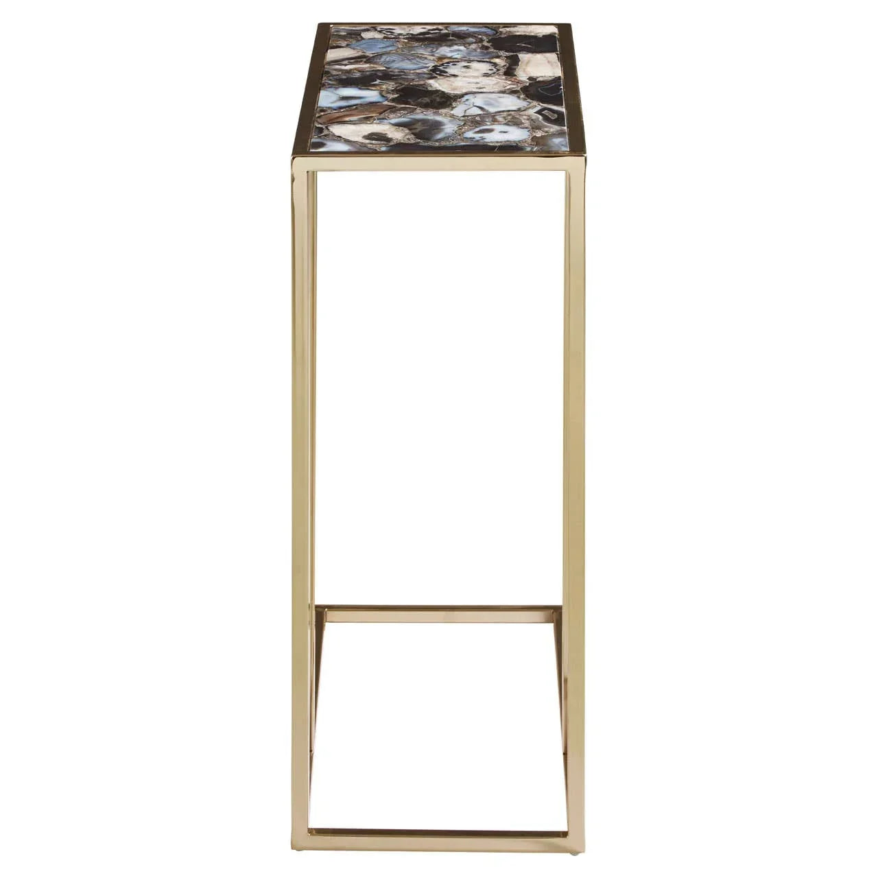 Narrow side table with gold metal frame and agate stone top, front view
