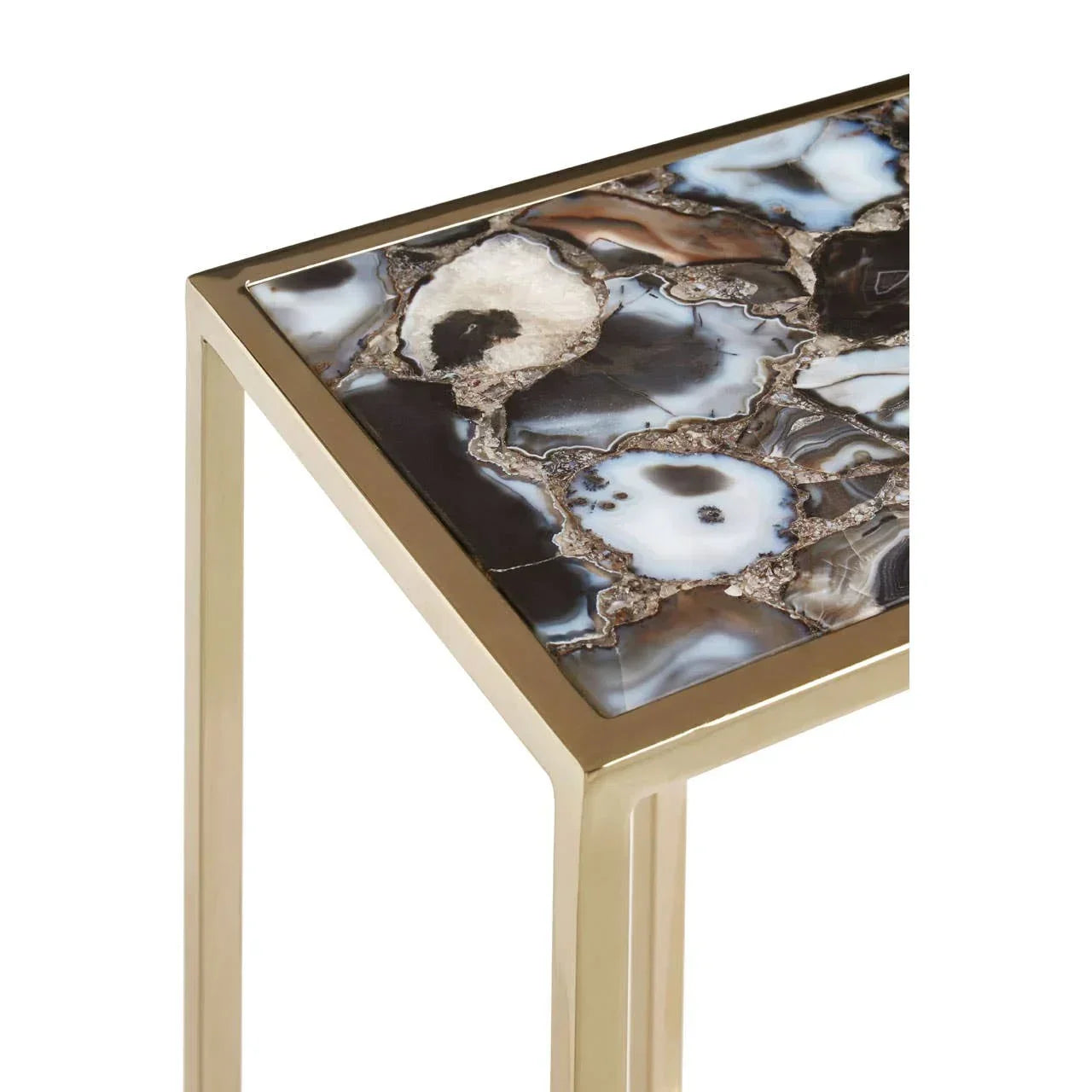 Gold side table with polished agate stone top and metal frame, corner detail view