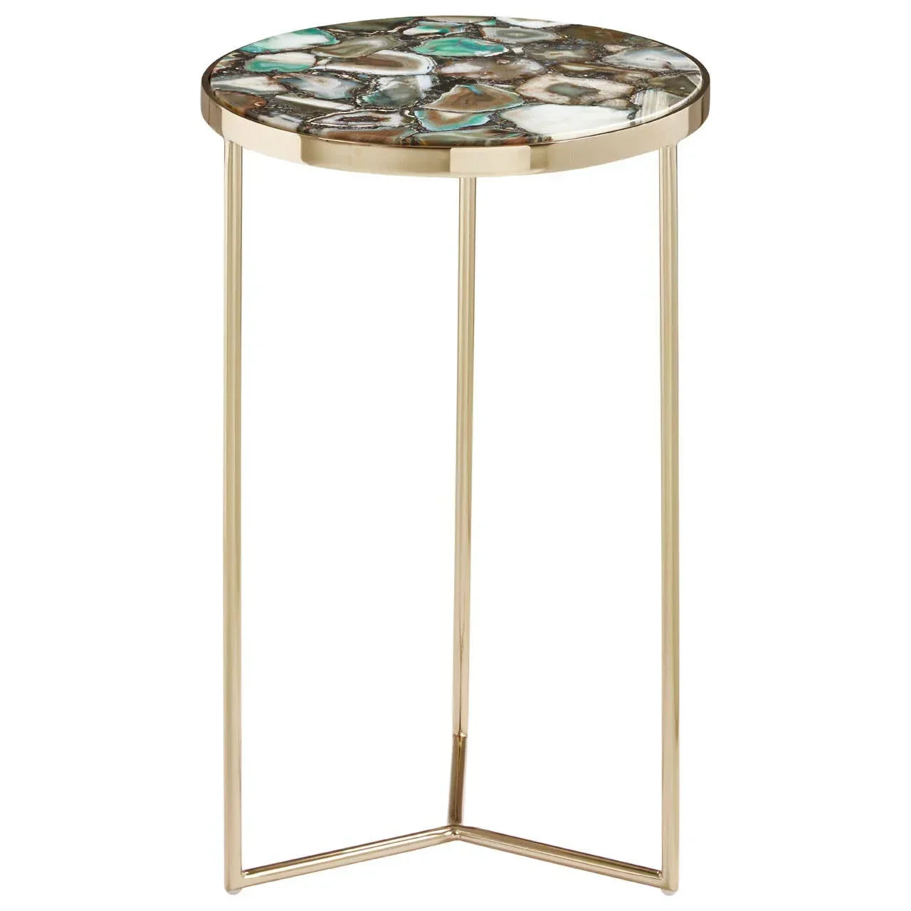 Round gold side table with agate stone top and slim metal legs