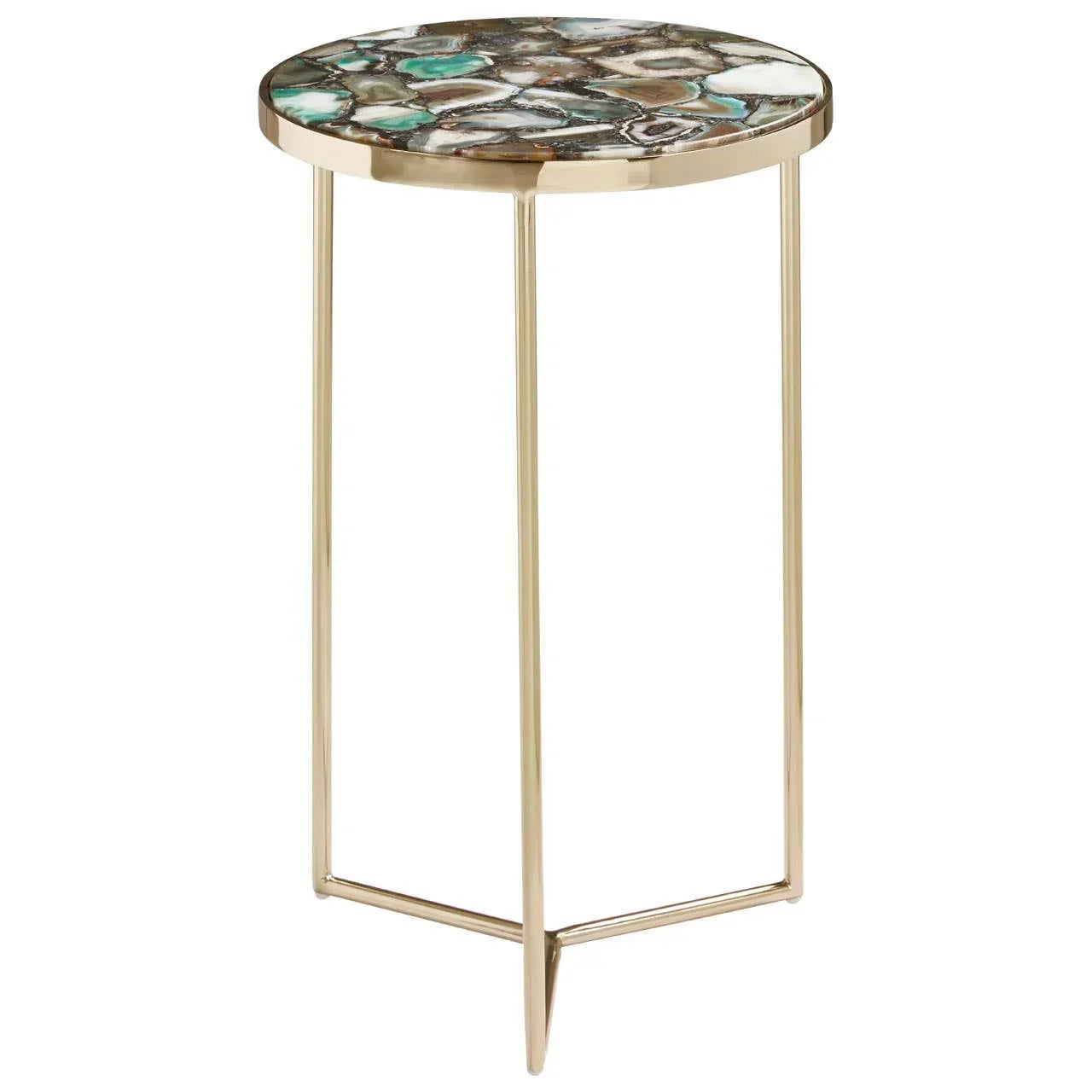 Round side table with multicolour stone top and gold metal legs