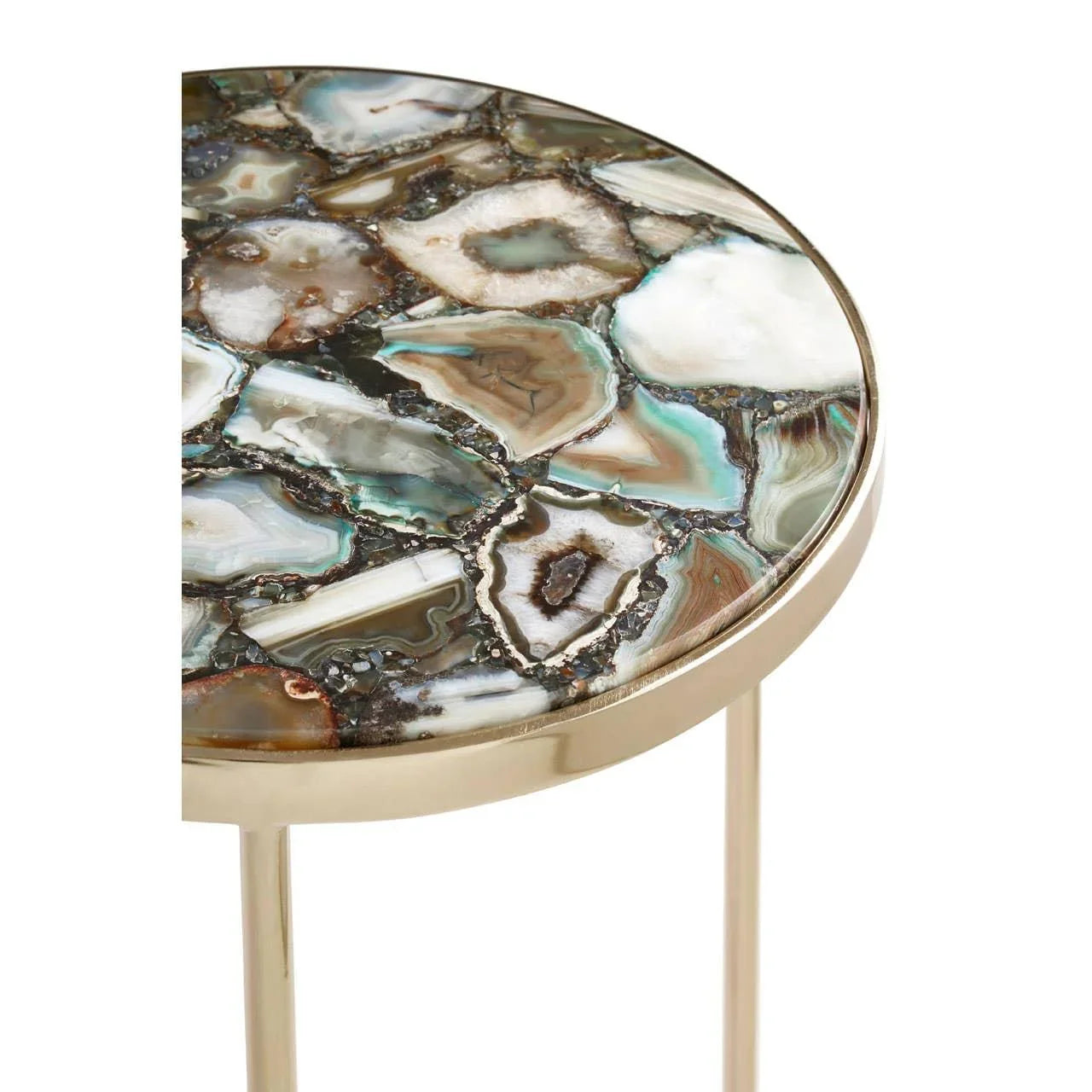 Round side table with polished agate stone top and gold metal frame, close-up view