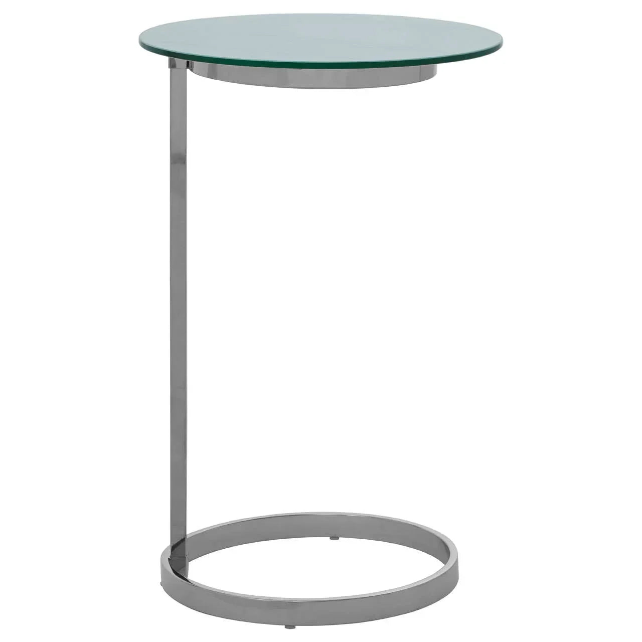 Round glass side table with chrome metal frame and open circular base