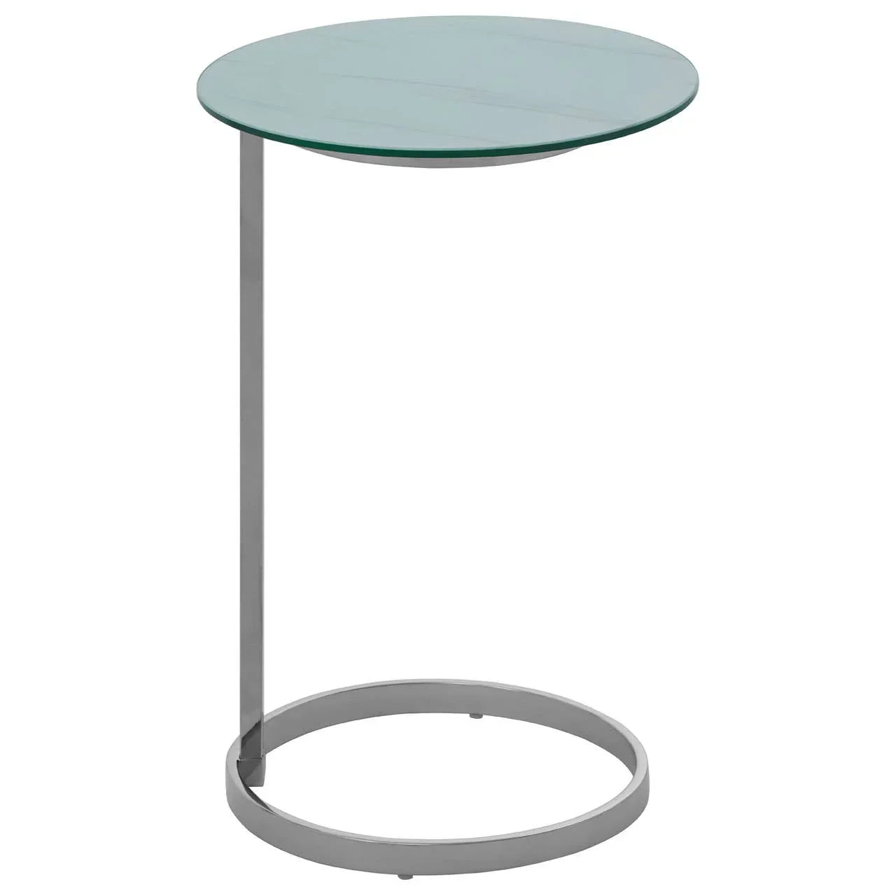 Glass top side table with round metal base and slim frame, modern accent furniture