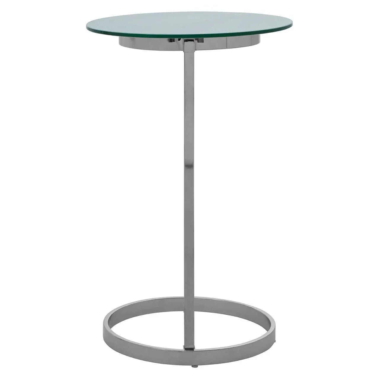 Round glass side table with silver metal frame and open base, modern accent furniture
