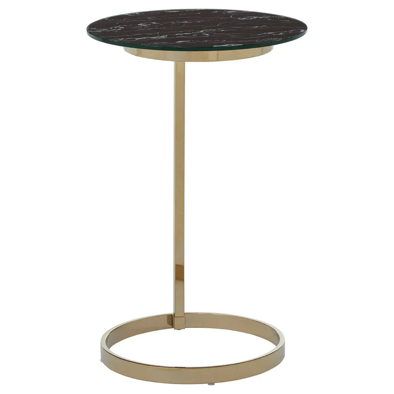 Round side table with black marble top and gold metal frame